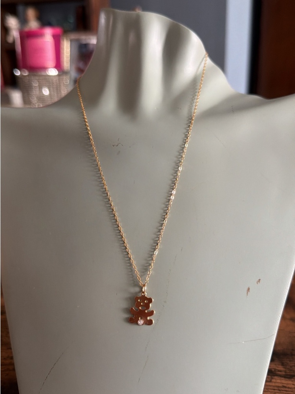 Vintage 14k gold filled and genuine diamond chip teddy bear necklace